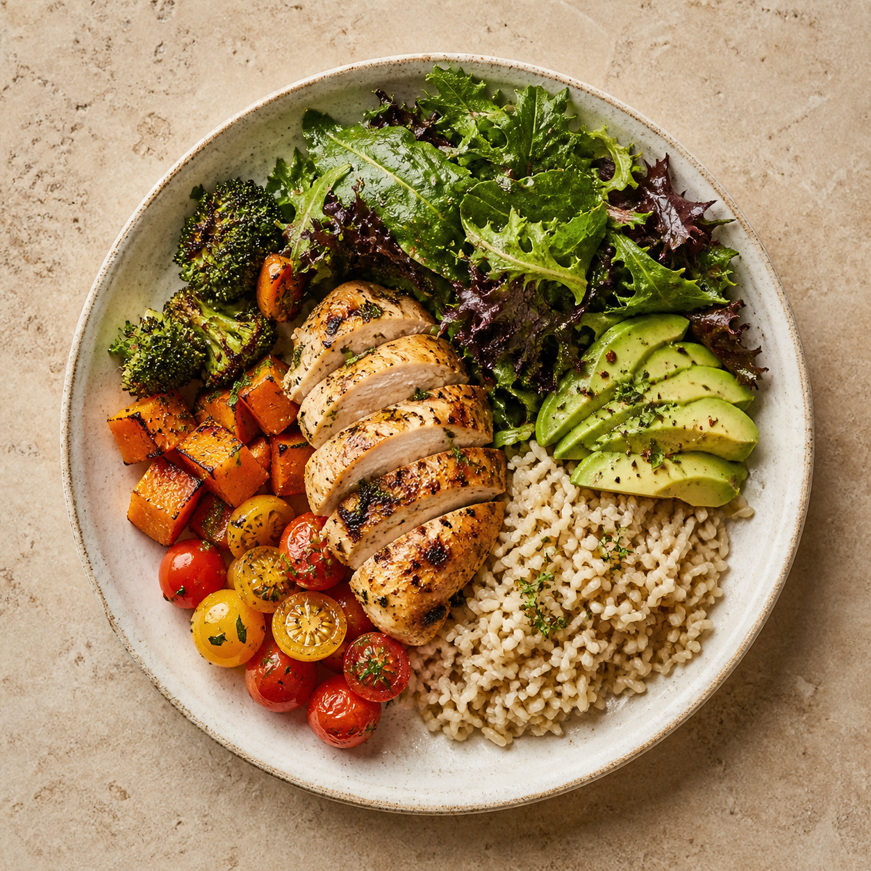 Prato saudável com frango grelhado, arroz integral, legumes, folhas e abacate